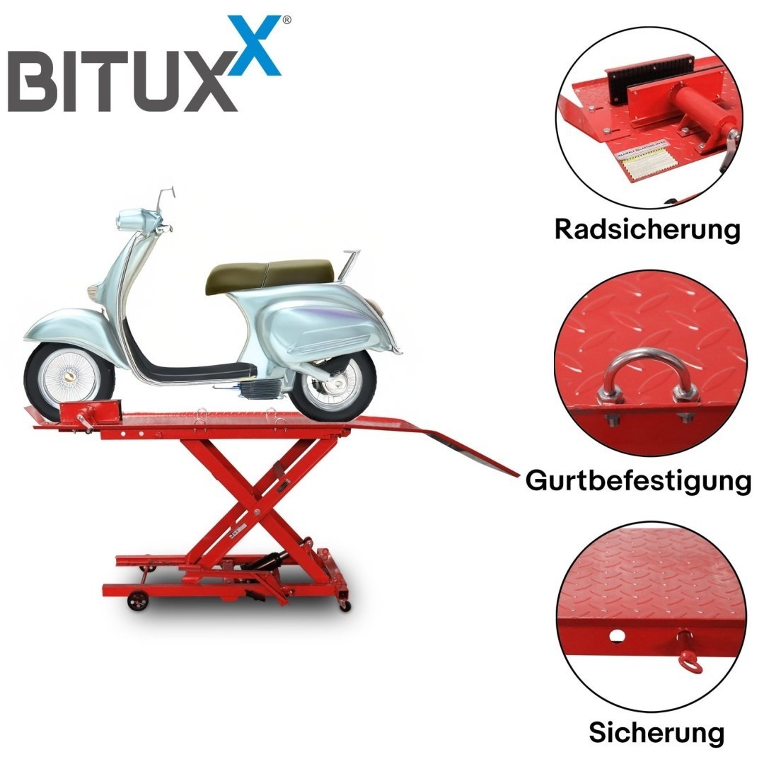Nůžkový hydraulický zvedák 360 kg pro motocykly s nájezdovou rampou a aretací kola M19723